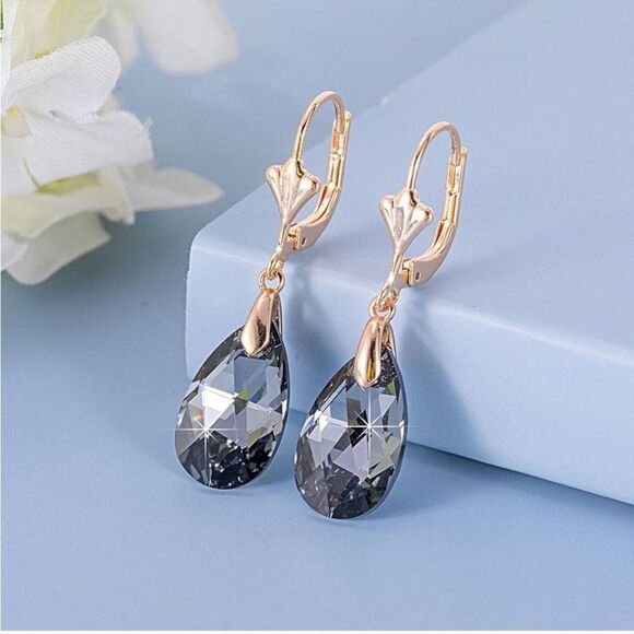 14K Yellow Gold with Charcoal Gray Austrian Crystal Teardrop Leverback Earrings - Picture 2 of 6
